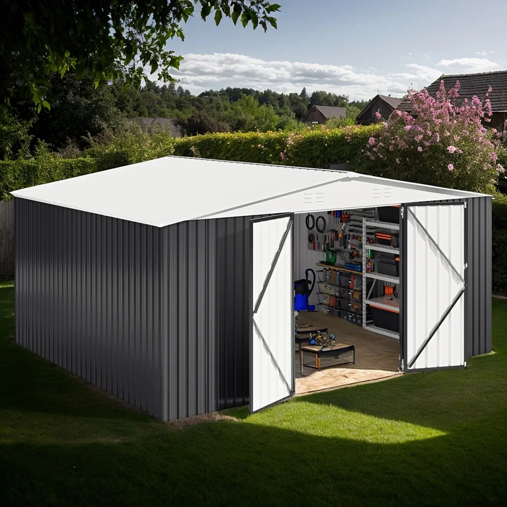 12x14FT Heavy-Duty Galvanized Steel Storage Shed – Lockable Door, White Roof Garden Tool Shed for Backyard & Patio | Easy Assembly