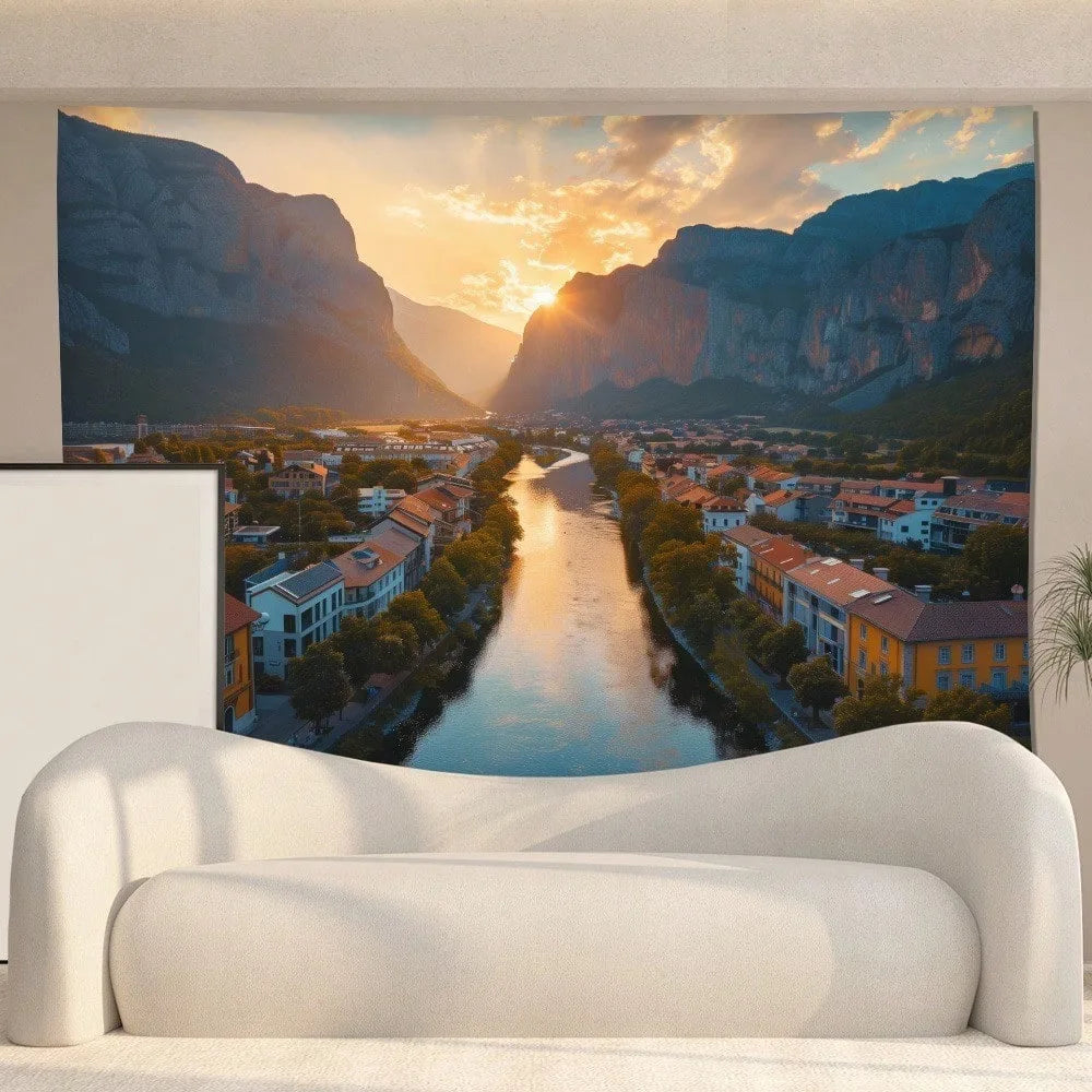 Nature Sunset Mountain River Landscape Wall Hanging Tapestry