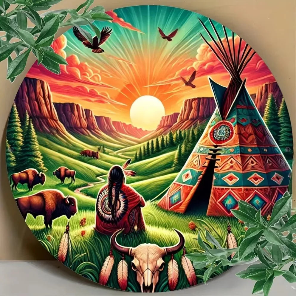 Native American Inspired Circular Wall Art – Vintage Tribal Teepee