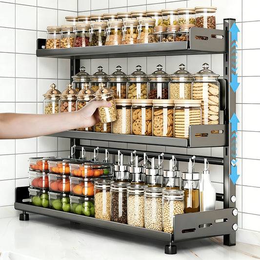 Kitchen Spice Rack – Three-Tier Height-Adjustable Standing Rack, Large-Capacity Rust-Proof Metal