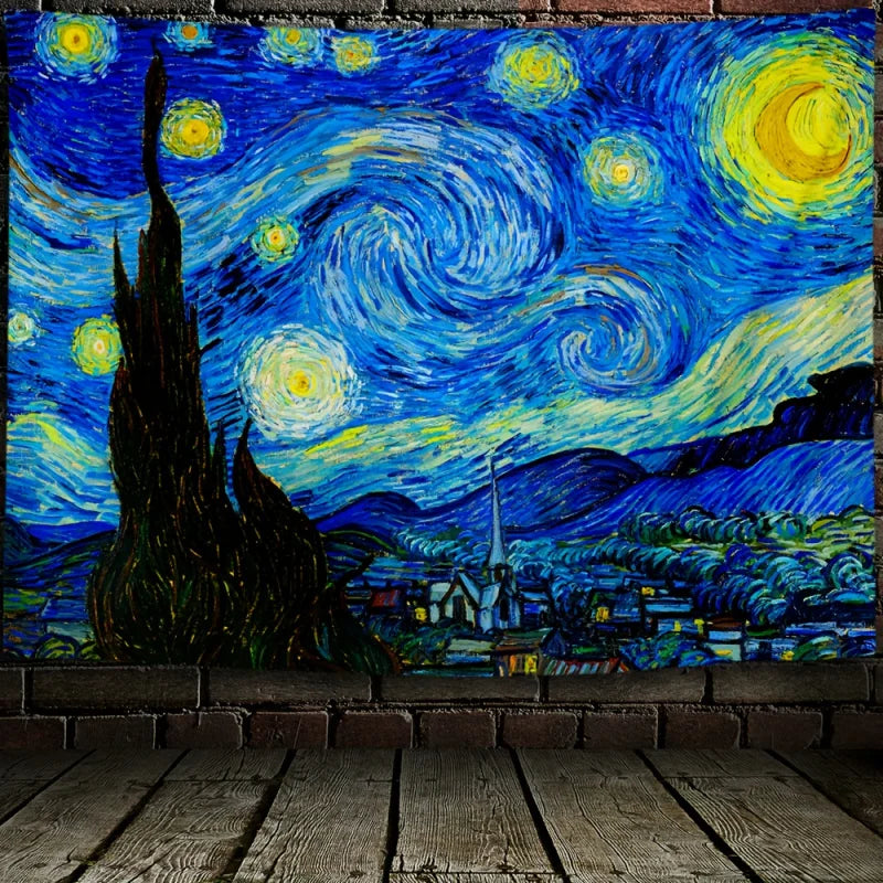 Van Gogh Starry Sky Fluorescent Tapestry – Peach Skin Velvet Bohemian Wall Hanging