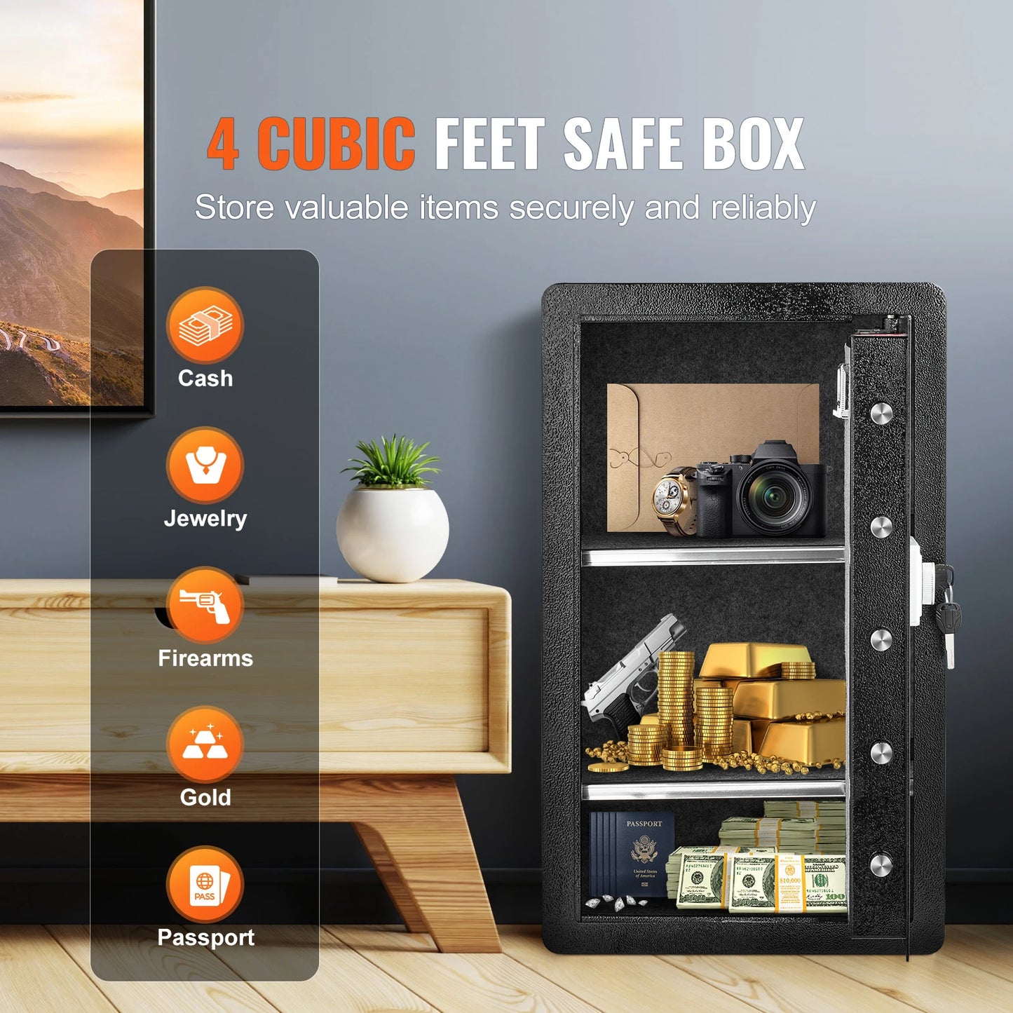 Fingerprint Safe Box – Digital Lock, Fireproof Bag, LED Interior, Dual Door Option