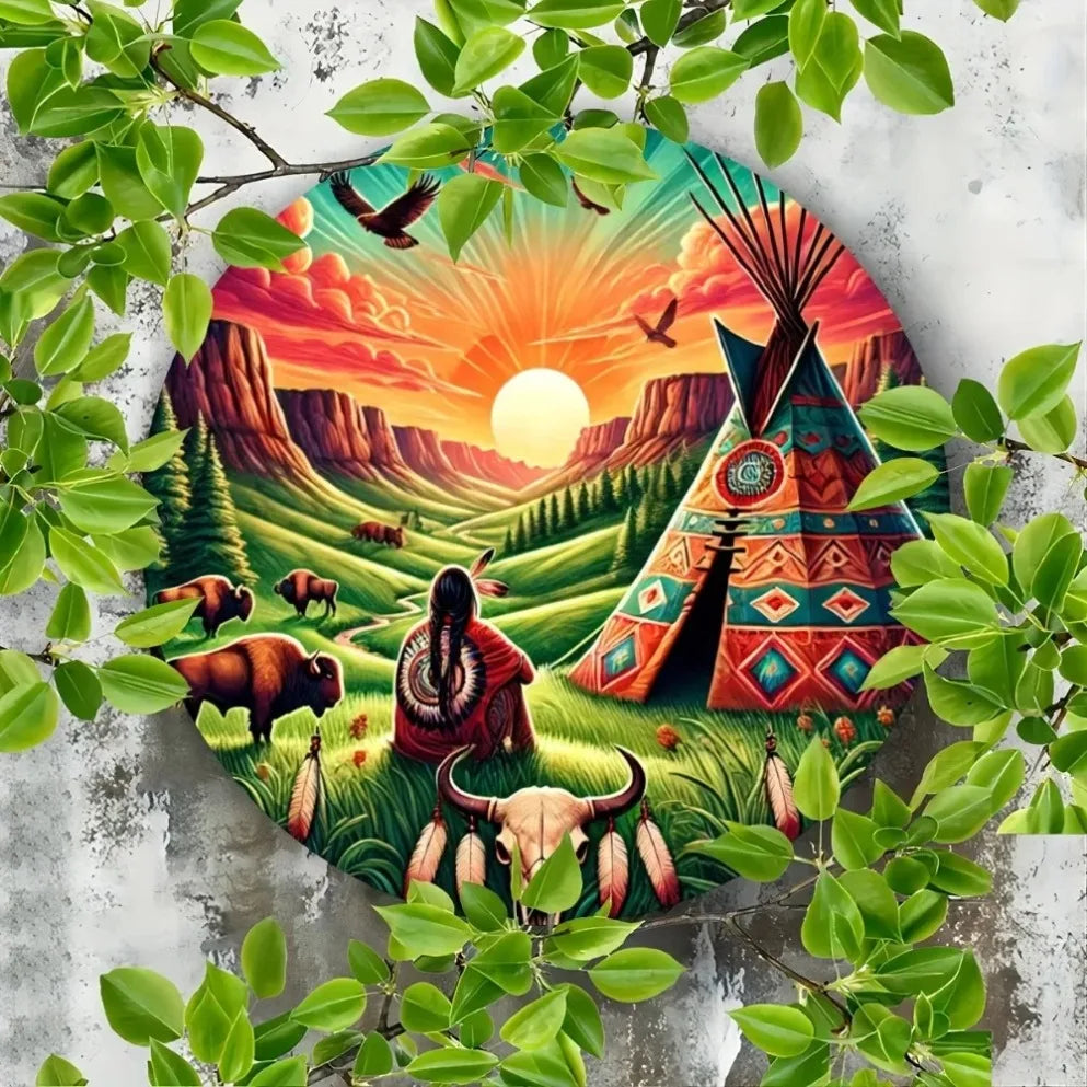 Native American Inspired Circular Wall Art – Vintage Tribal Teepee