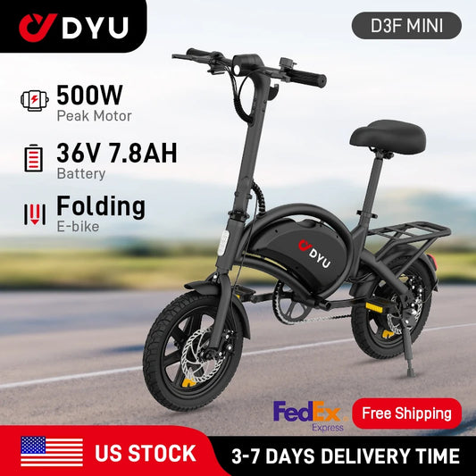 DYU D3F-MINI Electric Bike – 500W Peak Motor, 36V 7.8Ah Battery, 14" City E-Bike