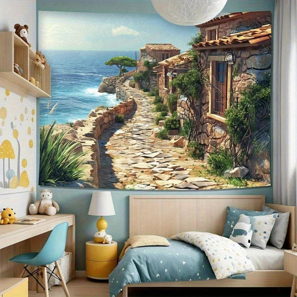 Mediterranean Sea View Tapestry – Coastal Village & Stone House Wall Hanging