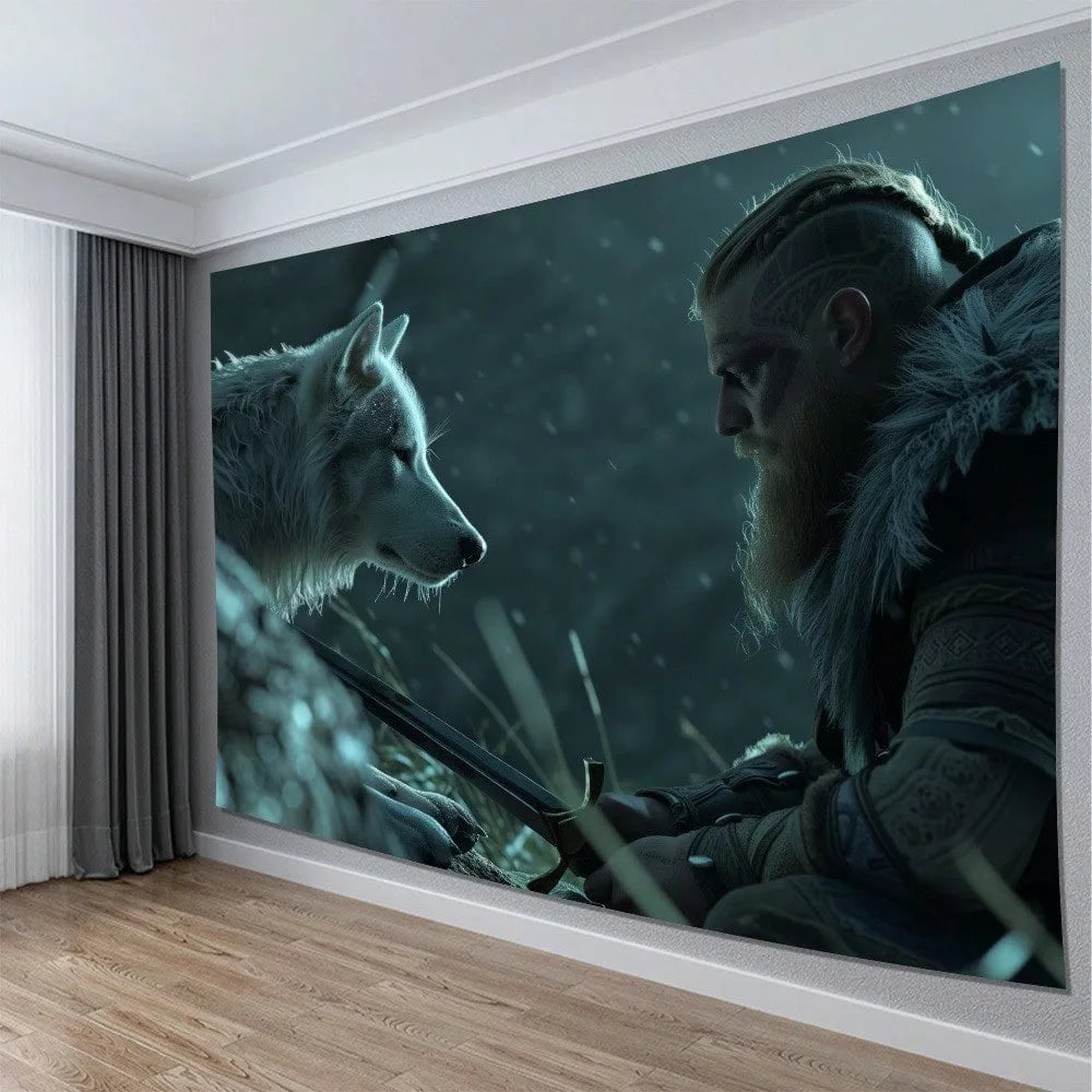 Norse Fantasy Warrior Mythology Viking Wolf Wall Hanging Tapestry
