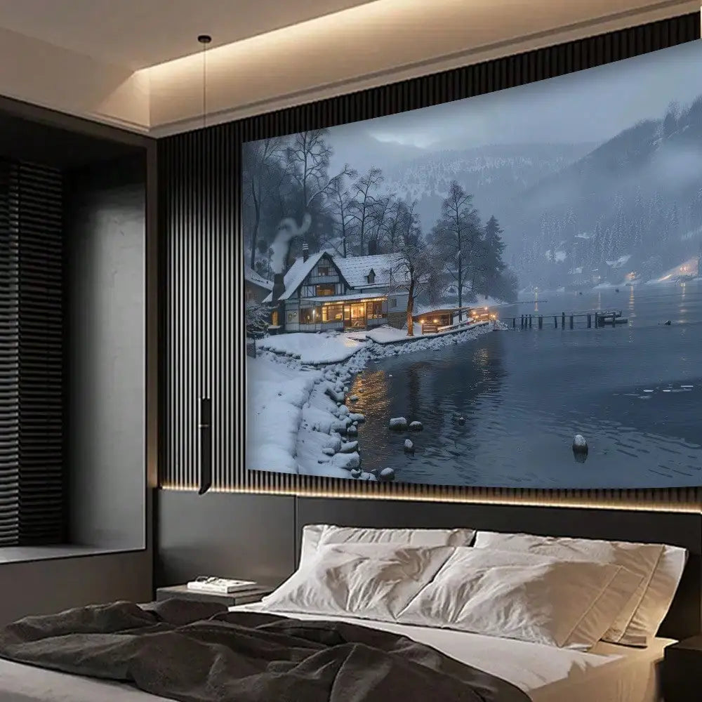 Winter Snow Cabin Lake Cozy Scenic Wall Hanging Tapestry