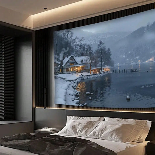 Winter Snow Cabin Lake Cozy Scenic Wall Hanging Tapestry