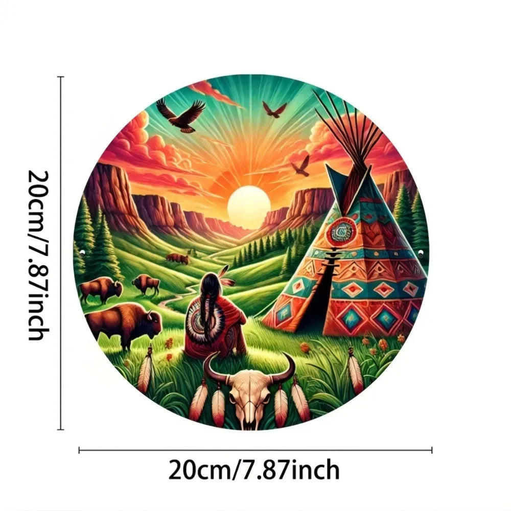 Native American Inspired Circular Wall Art – Vintage Tribal Teepee
