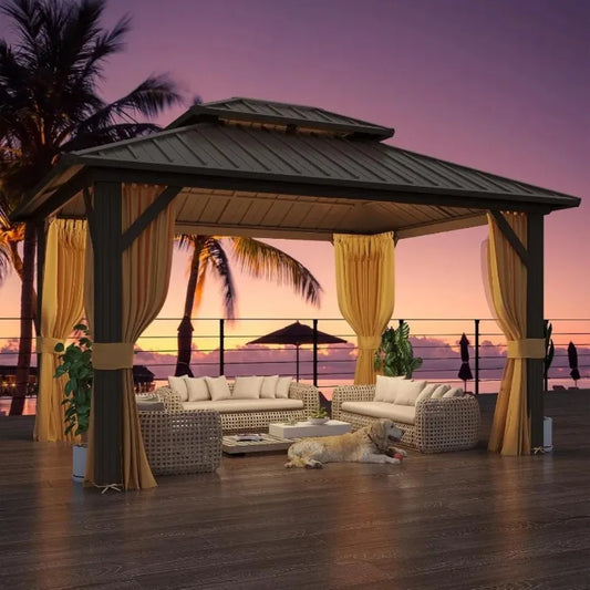 10x12 FT Galvanized Steel Gazebo, Hardtop Pavilion with Netting for Outdoor Parties