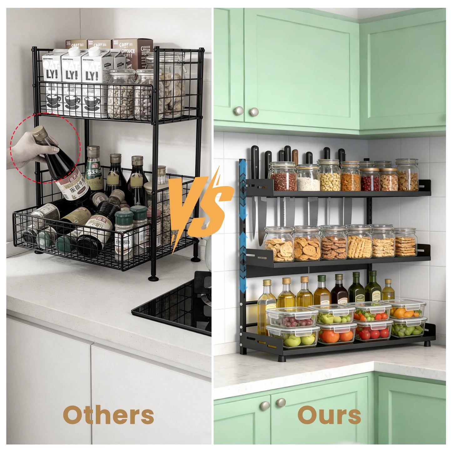 Kitchen Spice Rack – Three-Tier Height-Adjustable Standing Rack, Large-Capacity Rust-Proof Metal