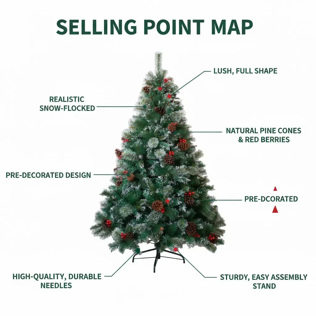 Realistic Green Artificial Christmas Tree – Unlit Pine Tree with Natural Pinecones & Holly Berries