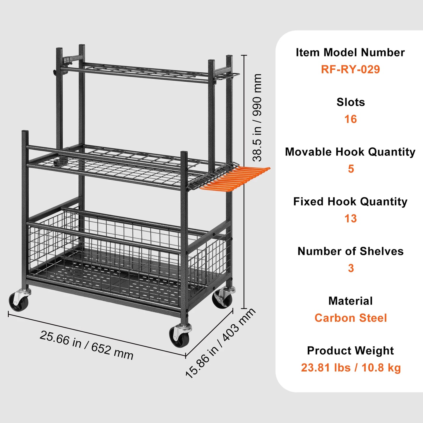 16-Slot Garden Tool Organizer Rack with Wheels & Hooks –