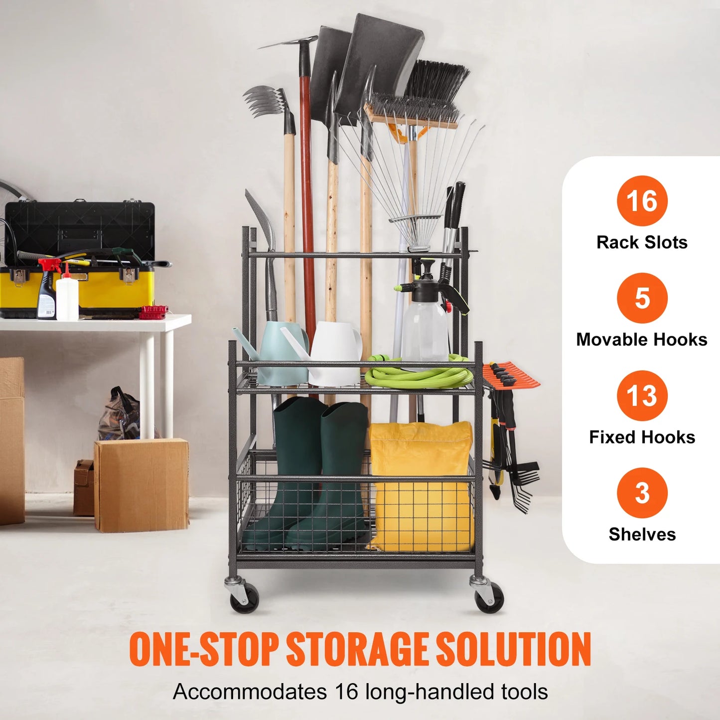 16-Slot Garden Tool Organizer Rack with Wheels & Hooks –