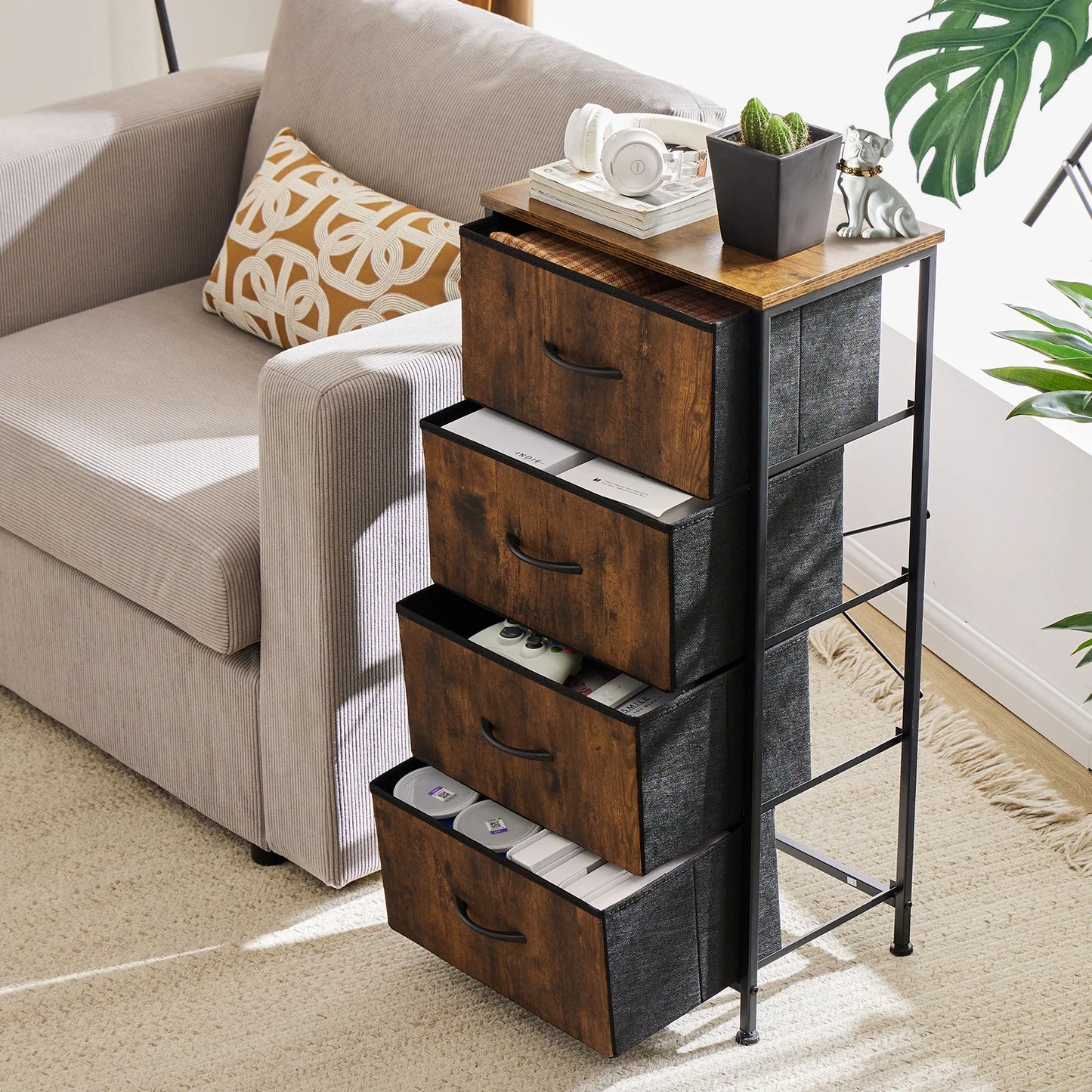 JHK 4-Drawer Fabric Nightstand with Steel Frame
