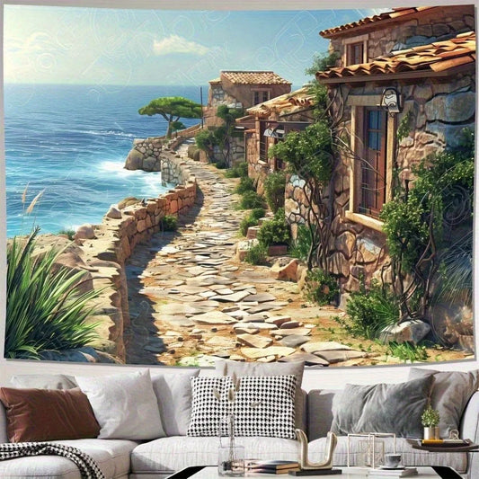 Mediterranean Sea View Tapestry – Coastal Village & Stone House Wall Hanging
