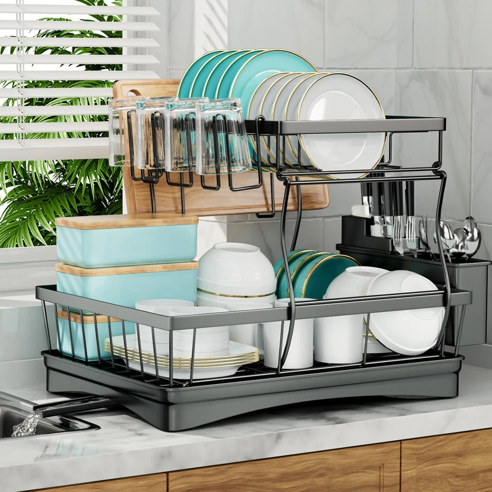 Large-Capacity 2-Tier Dish Drying & Draining Rack – Kitchen Organizer