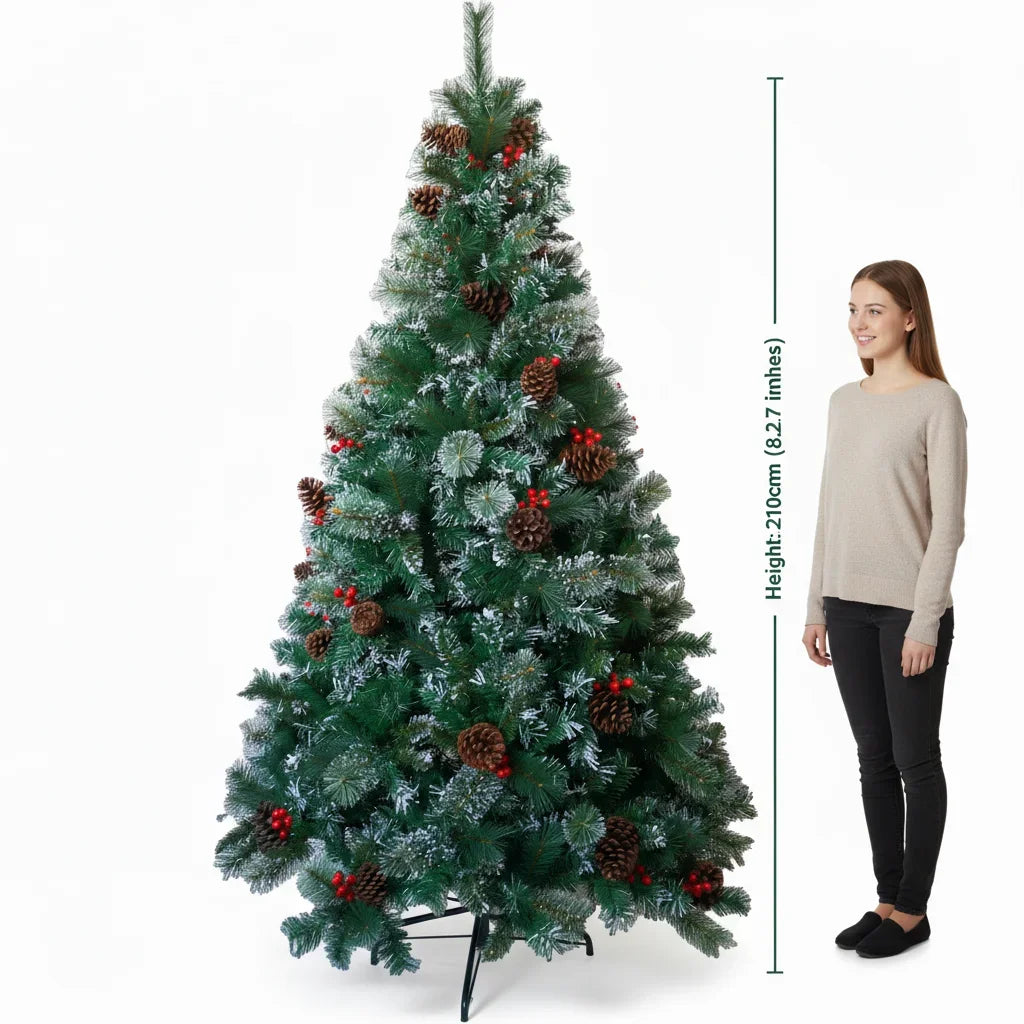 Realistic Green Artificial Christmas Tree – Unlit Pine Tree with Natural Pinecones & Holly Berries