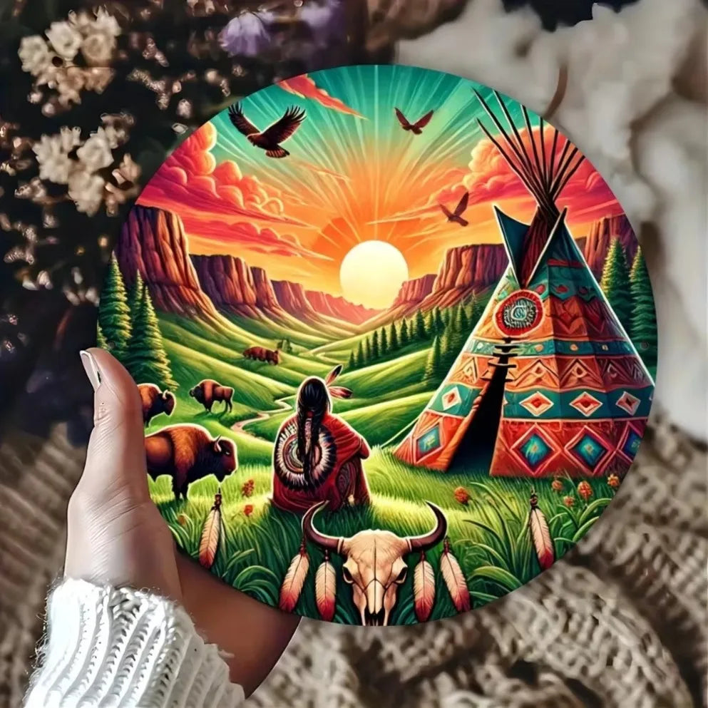 Native American Inspired Circular Wall Art – Vintage Tribal Teepee