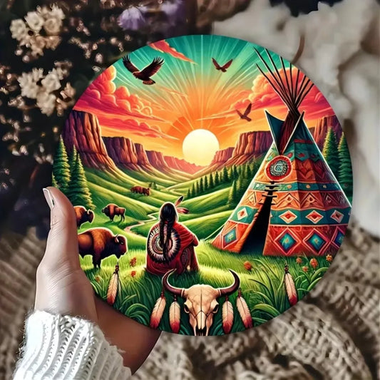 Native American Inspired Circular Wall Art – Vintage Tribal Teepee