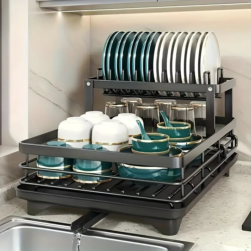 Expandable Double-Tier Dish Rack with Utensil Holder & Draining Tray