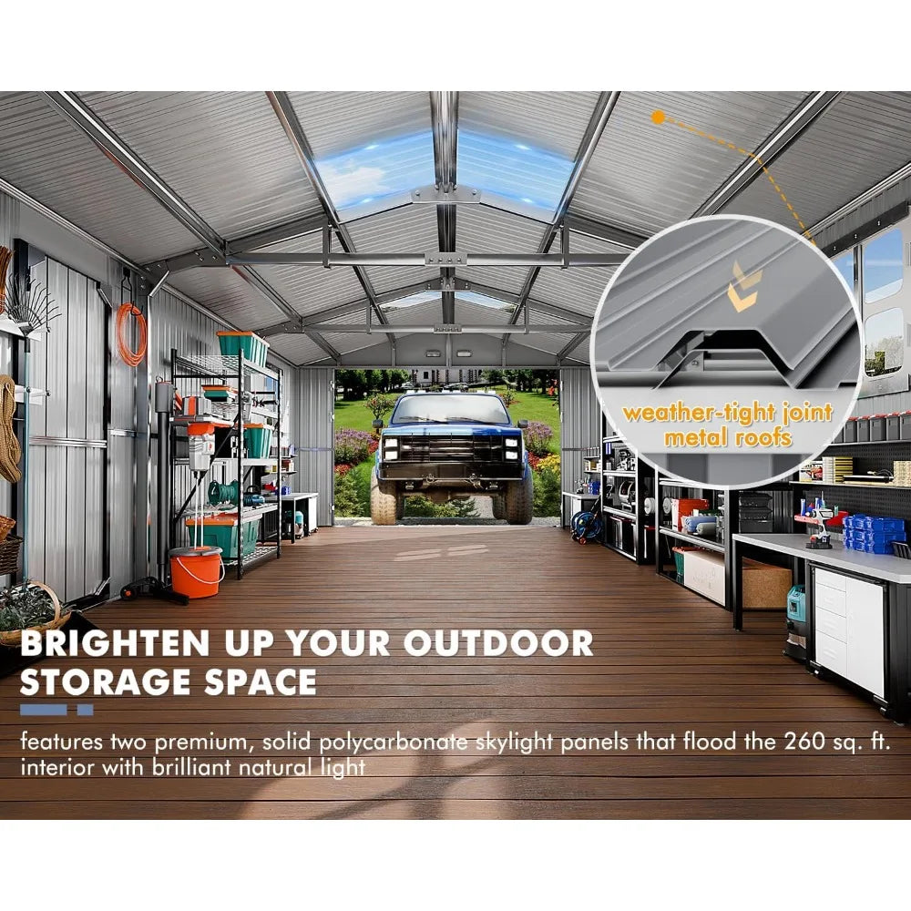 Large Metal Garage Shed – Weatherproof Storage with Skylight