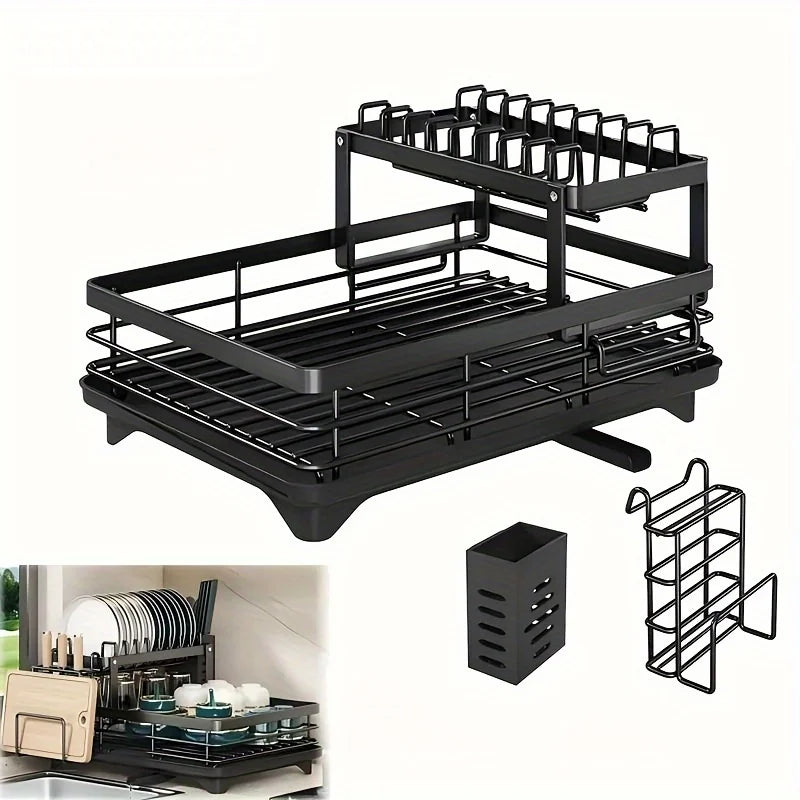 Expandable Double-Tier Dish Rack with Utensil Holder & Draining Tray