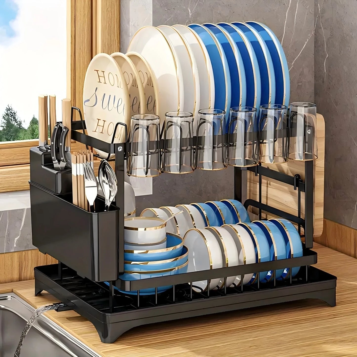 Large Capacity Double-Layer Dish Rack – Bowl & Cup Storage Organizer