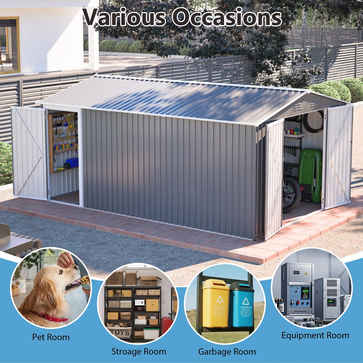 10×14 FT Large Metal Storage Shed – Lockable Doors & Ventilated Waterproof Design