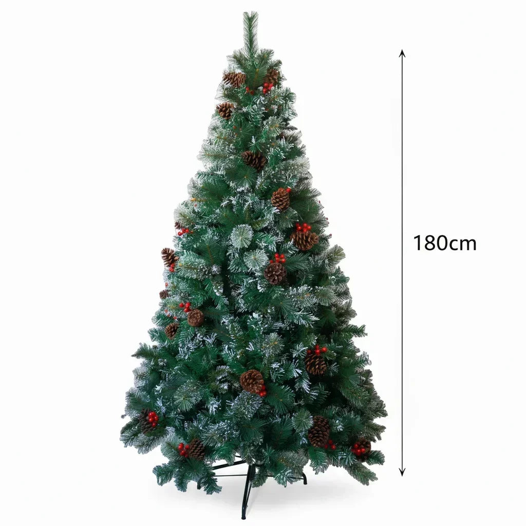 Realistic Green Artificial Christmas Tree – Unlit Pine Tree with Natural Pinecones & Holly Berries