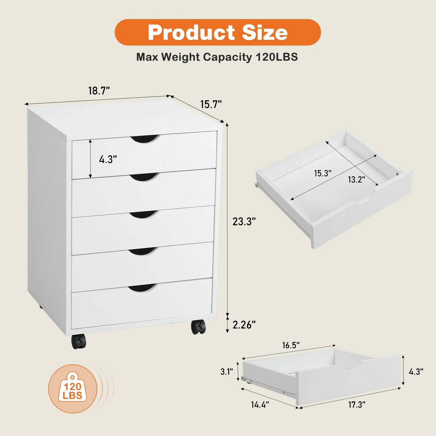 JHK 5-Drawer Mobile Storage Cabinet with Wheels