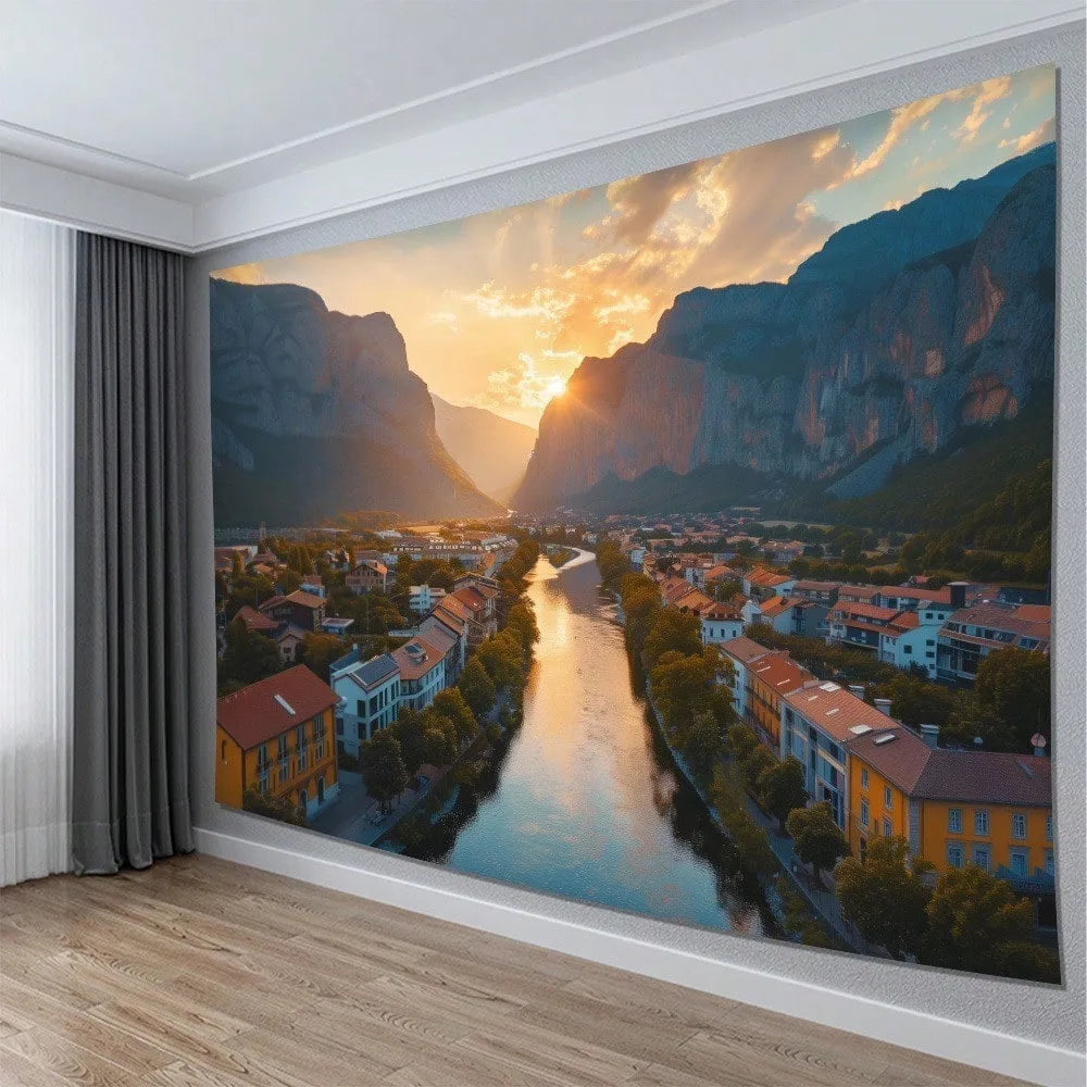 Nature Sunset Mountain River Landscape Wall Hanging Tapestry