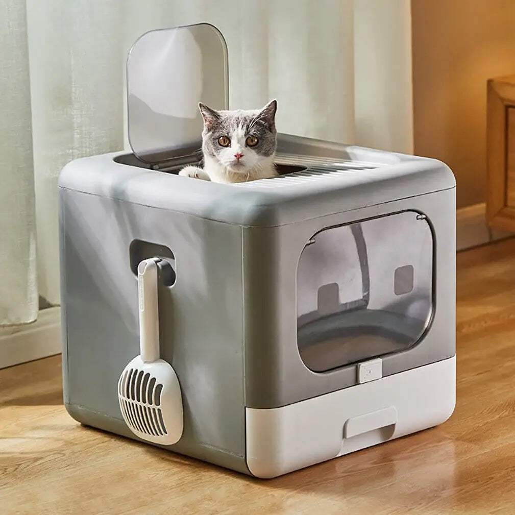 Foldable Enclosed Cat Litter Box with Scoop & Tray