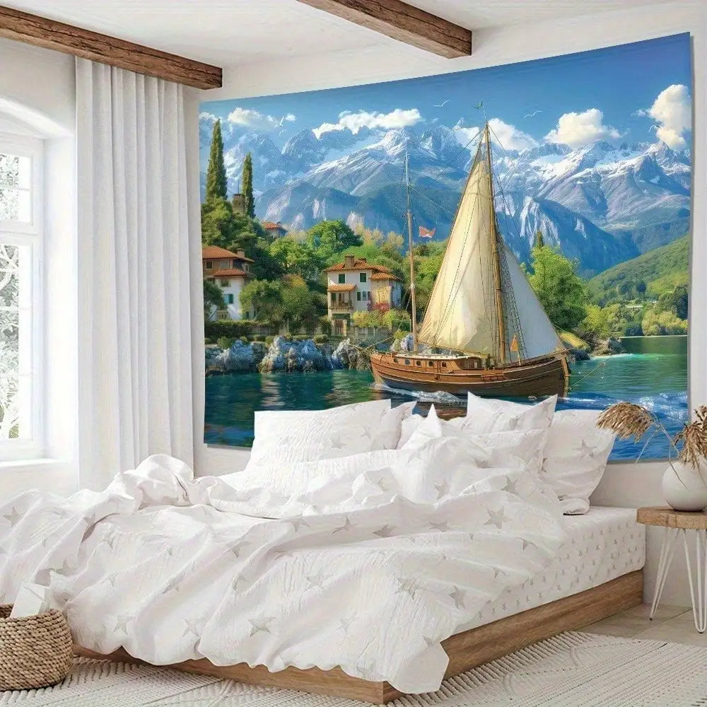 Lake Tapestry Wall Hanging with Sailboat & Mountain Scenery