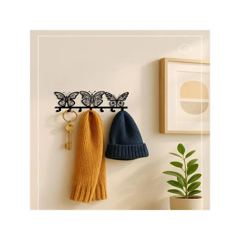 Modern Handcrafted Iron Wall Art Butterfly Key Holder, 7 Hooks