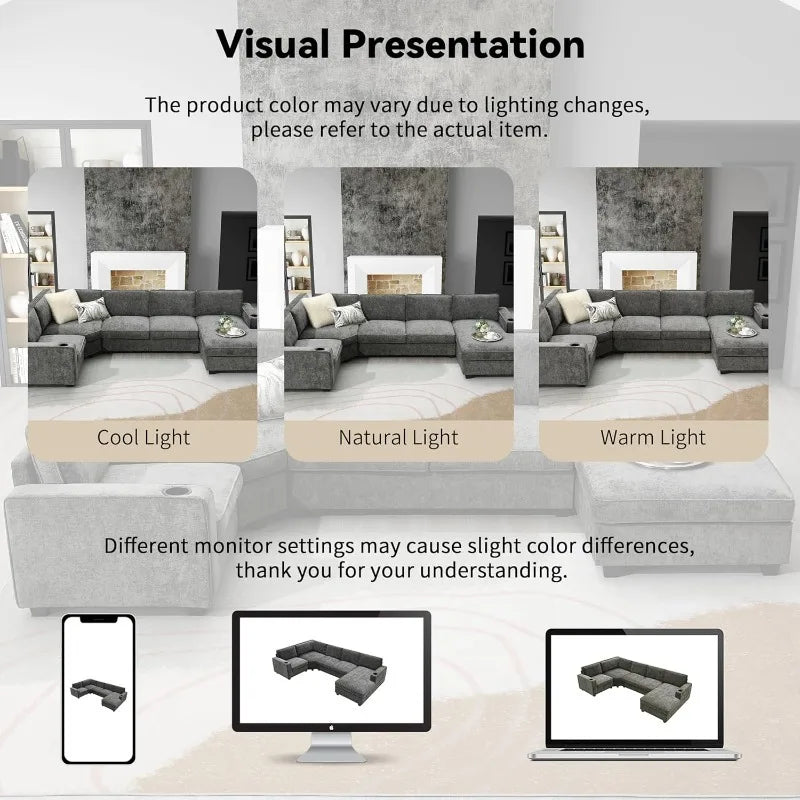 Modern U-Shaped Cloud Couch Set with Oversized Chaise & Cup Holders