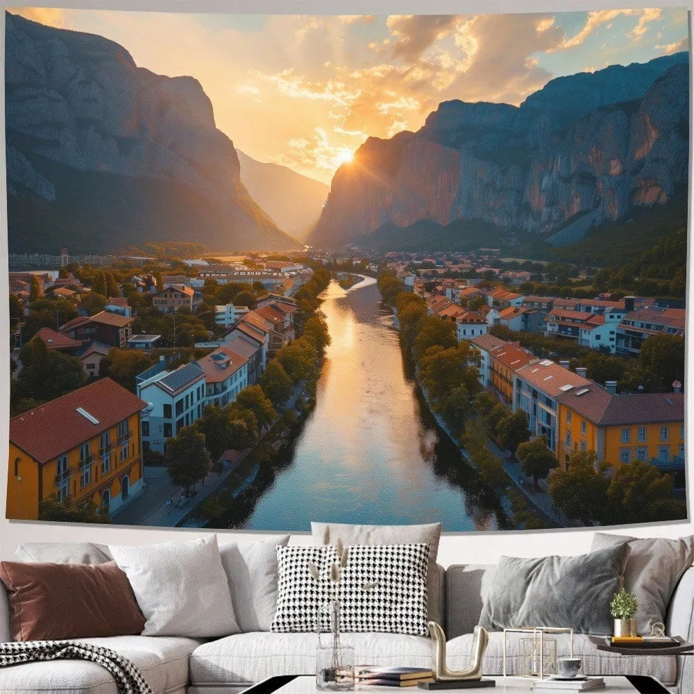 Nature Sunset Mountain River Landscape Wall Hanging Tapestry