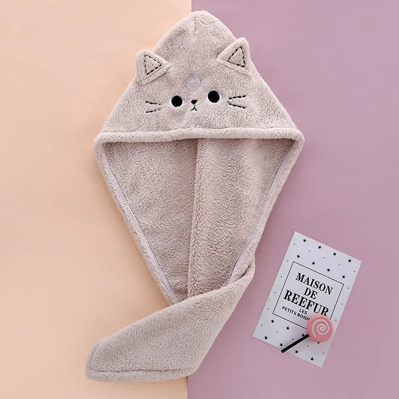 Cute Microfiber Hair Drying Turban – Soft Quick-Dry Shower Cap Towel for Women & Girls, Cat Design