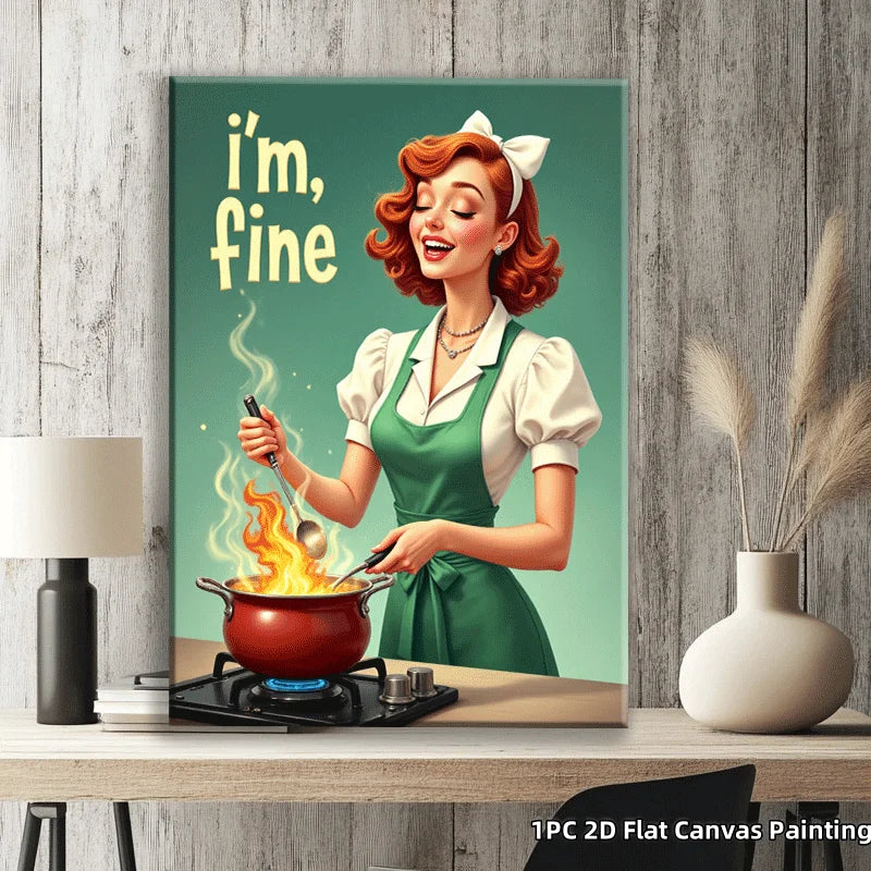 Funny Vintage Style Canvas Painting Cooking Woman Print Humorous