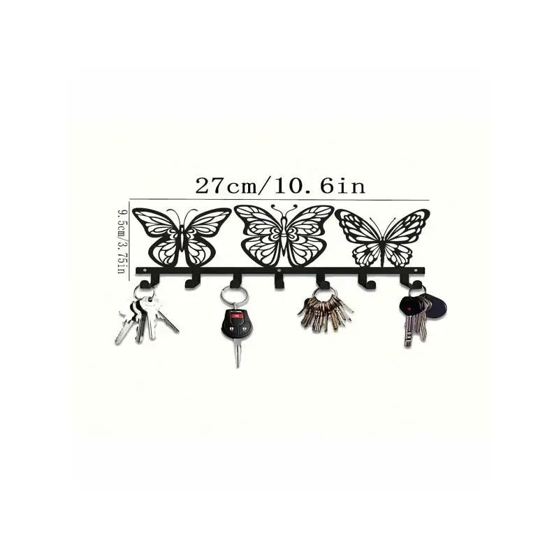 Modern Handcrafted Iron Wall Art Butterfly Key Holder, 7 Hooks