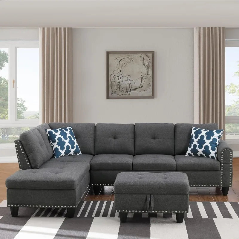 4-Seat Linen Sectional Sofa Set with Cup Holders & Coffee Table