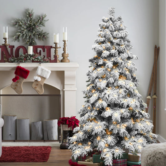 Snow Flocked Artificial Christmas Tree Pre-Lit Full-Bodied Warm Lights