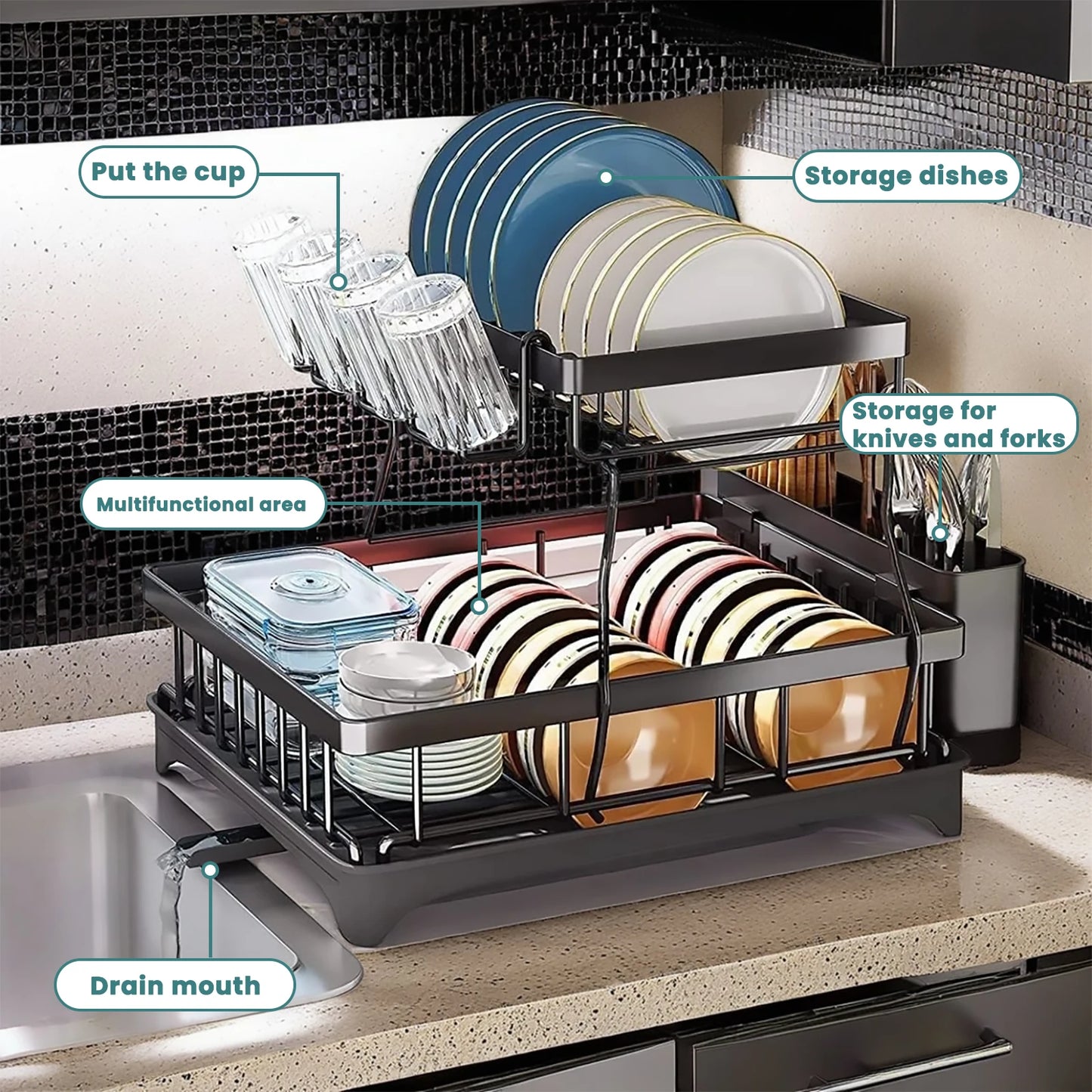 Large-Capacity 2-Tier Dish Drying & Draining Rack – Kitchen Organizer